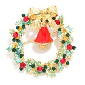 Christmas Wreath With Hanging Bell Pin Brooch